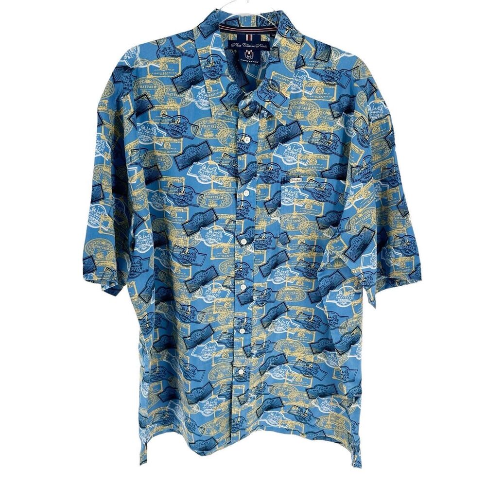 Phat Farm Shirt Mens 2XL Blue Button Down Short Sleeve All Over Print Logo